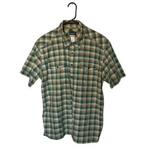 Patagonia Shirt Mens Large Teal Tan Plaid Switchgrass Outdoor Organic Cotton